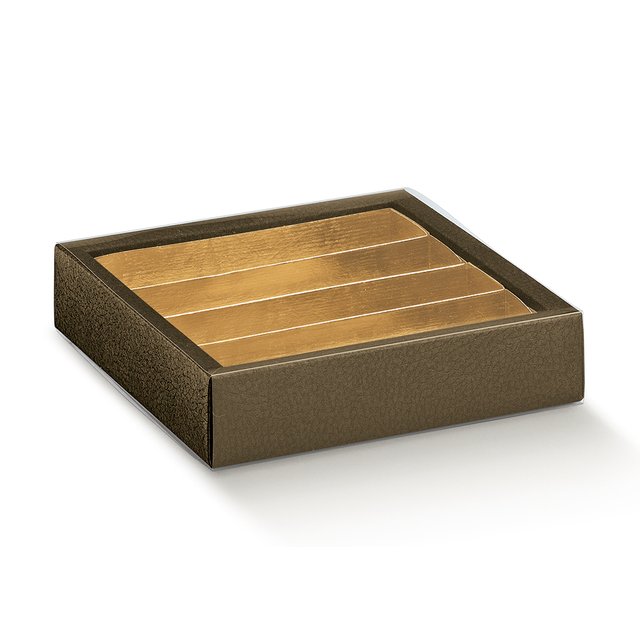 Obrázek produktu SC Krabička na pralinky s  průhl. víčkem a zlatým vkladem potisk hnědá kůže 14,5x14,5x3,5cm 5x10ks