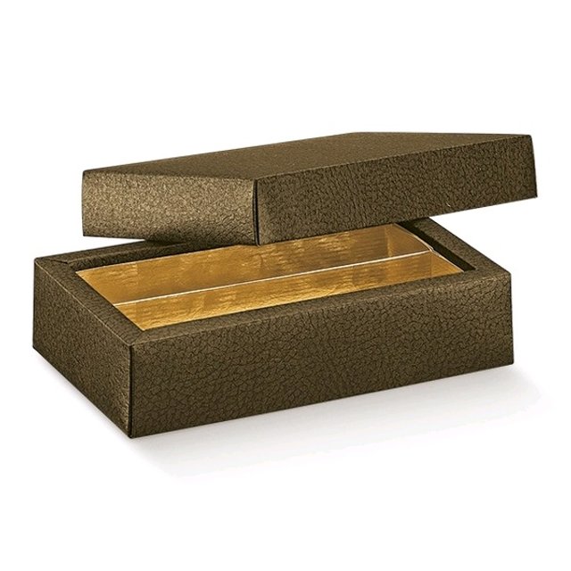 Obrázek produktu SC Krabička na pralinky s víčkem a zlatým vkladem potisk hnědá kůže 14,5x7,5x3,5cm 5x10ks